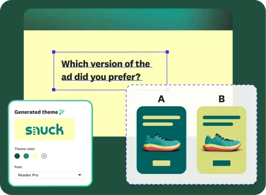 A marketing survey interface for a shoe company called "S'uck." A question asks, "Which version of the ad did you prefer?" and presents a side-by-side comparison of Ad A and Ad B. A design panel on the left shows options to customize the theme, font, and layout.