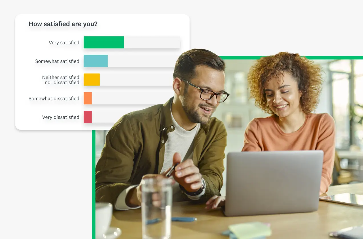 Two people looking at laptop screen together, next to screenshot of bar graph showing survey question results