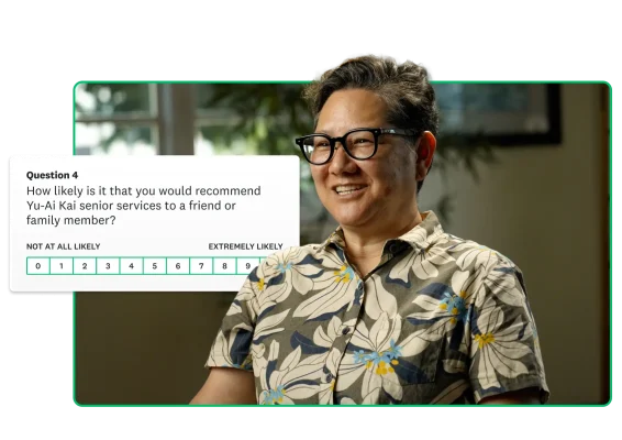 Person smiling, sitting in chair, with floating NPS question in background