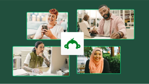 Images of four different people, with SurveyMonkey Goldie logo in the center