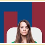 Photos of three different women standing in front of a red and blue background