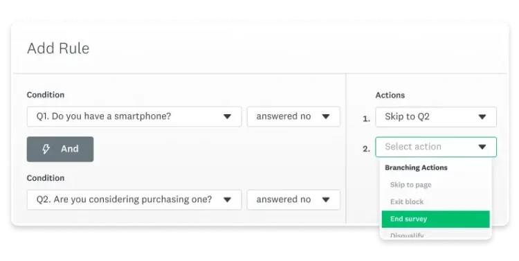 Screenshot of add rule feature in SurveyMonkey