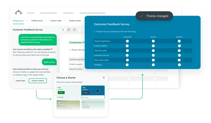 AI survey builder interface showing a user changing the customer feedback survey theme to full color using a chat assistant.