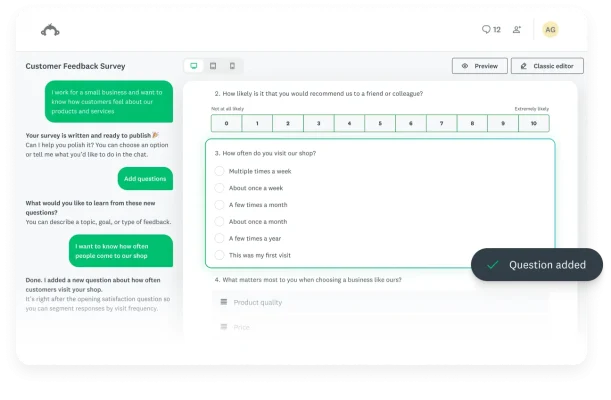 Dashboard of an AI survey builder showing a chat assistant adding a multiple-choice question to a feedback survey.