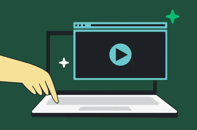 An illustration of a hand pressing a key on a laptop, with a video player window open on the screen.