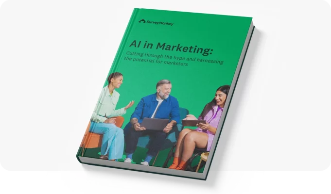 Book cover with the title AI in marketing, with a photo of 3 people sitting and talking