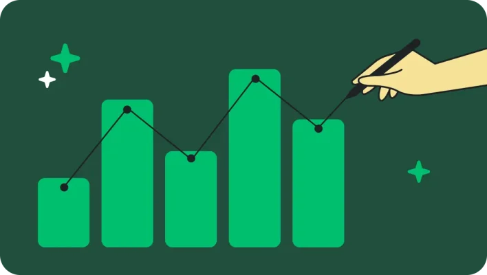 Illustration of a hand drawing a trend line over a bar graph.