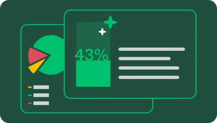 A graphic showing two overlapping slides. One has a pie chart with a legend, and the other has a large number "43%" and several lines of placeholder text.