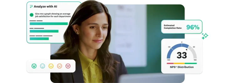 Woman working on laptop, surrounded by different survey-related results, such as NPS distribution and analyze with AI results