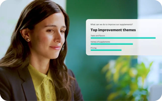 Woman next to screenshot of results for top improvement themes