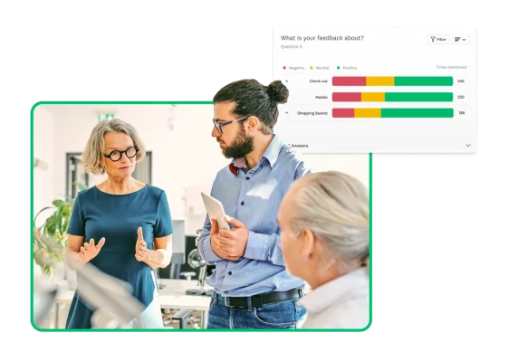 People talking in an office next to screenshot of survey results