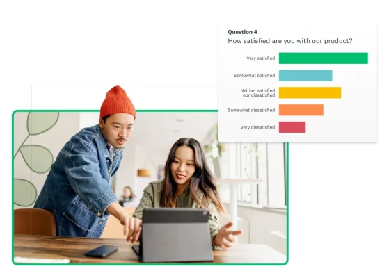 Two people looking at laptop screen together, next to screenshot of survey question results