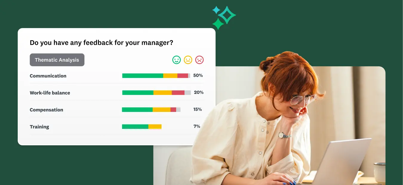 A woman looking at a laptop with a pop-up showing thematic analysis results for manager feedback.