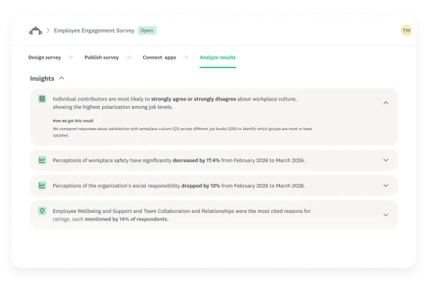 Screenshot of AI-generated insights about survey results