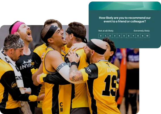 Dodgeball Canada players celebrating, with a SurveyMonkey event feedback survey overlay