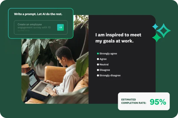 A person on a laptop with an overlay showing an AI prompt to create an engagement survey and a 95% estimated completion rate.