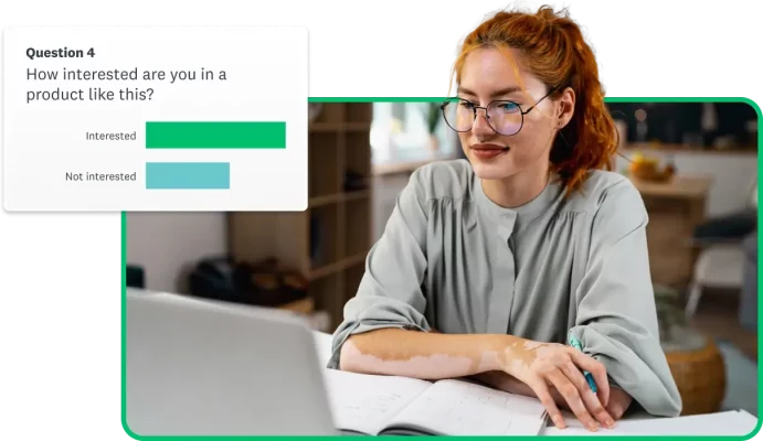 Woman with open book and laptop next to survey question