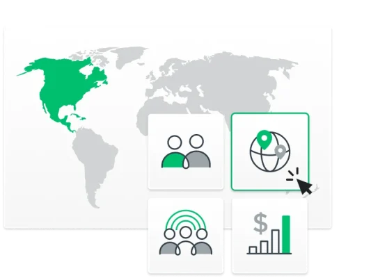 Map of the world with icons of people and bar graphs with dollar sign