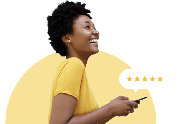 Woman smiling and holding smartphone with 5 stars above it