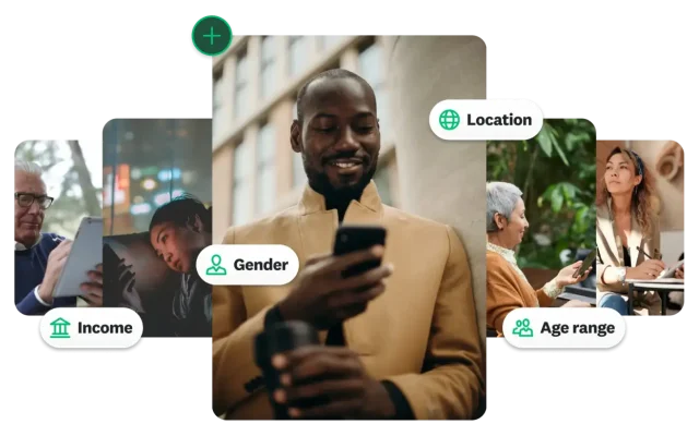 Photos of different people looking at their phones, with labels indicating Income, Gender, Location, and Age range