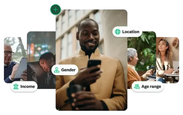 Photos of different people looking at their phones, with labels indicating Income, Gender, Location, and Age range