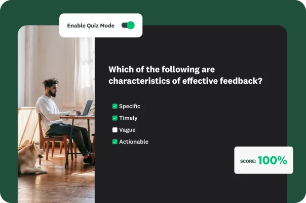 man sitting down at laptop with quiz interface graphic