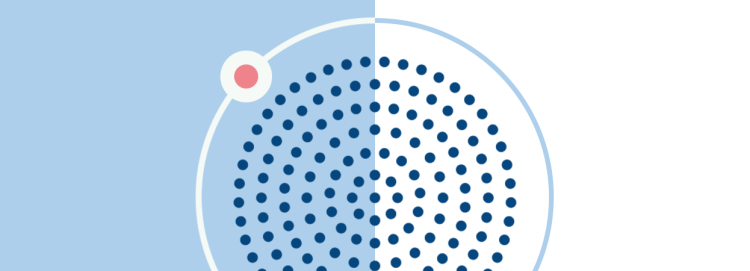 Kreis aus blauen Punkten, eingefasst in Ring aus Grau und Blau vor einem geteilten Hintergrund in Blau und Grau