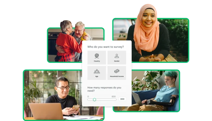 Four separate photos of different people, with a screenshot of SurveyMonkey Audience Panel demographics selection tool