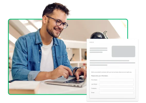 Man working on laptop next to screenshot of lead form