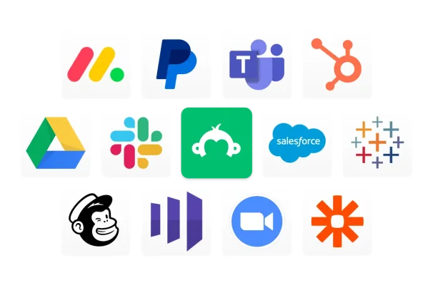 Kuvakkeita SurveyMonkeyyn integroituvista sovelluksista, joita ovat esimerkiksi PayPal, Google Drive, Salesforce, Zoom, Mailchimp, Tableau ja Slack