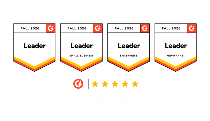 G2 Leader badges for Fall 2026 across overall, small business, enterprise, and mid-market categories with a 5-star rating