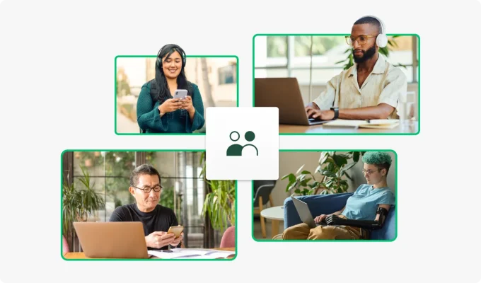 Four people in separate panels taking a survey; young woman on top left panel with headphones typing on phone; young man in top right panel with headphone working on laptop; older man in bottom left panel sitting near laptop and working on phone; young person with a mechanical arm working on laptop