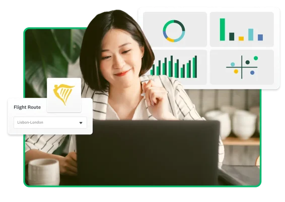 Woman typing on laptop, surrounded by charts and graphs