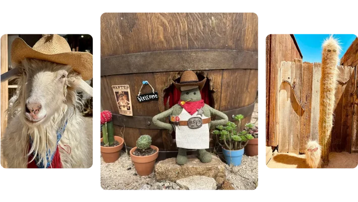 A photo of the Tiny Chef character, with a photo of Sam the Goat, former ceremonial mayor of Pioneertown.