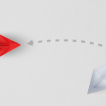 Boats with one red boat taking a new path