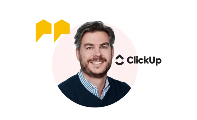 Headshot of Brian Sherry and ClickUp logo
