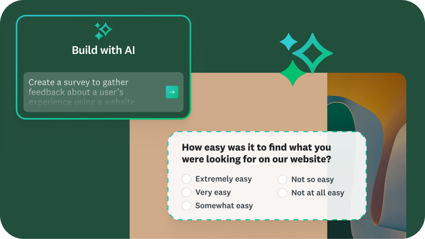A user interface screen titled "Build with AI." An example prompt is "Create a survey to gather feedback about a user's experience using a website." A sample survey question asks, "How easy was it to find what you were looking for on our website?" with a list of answers.