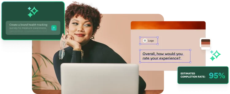A woman is looking at a laptop. A green overlay shows an AI prompt box to "Create a brand health tracking survey." A separate form overlay asks, "Overall, how would you rate your experience?" A green box at the bottom shows an "Estimated completion rate: 95%."