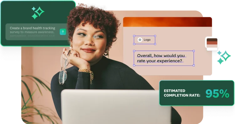 A woman is looking at a laptop. A green overlay shows an AI prompt box to "Create a brand health tracking survey." A separate form overlay asks, "Overall, how would you rate your experience?" A green box at the bottom shows an "Estimated completion rate: 95%."
