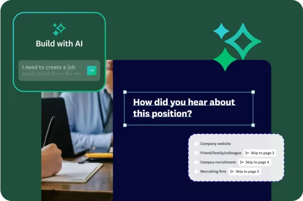 A person is filling out a form. An AI prompt is visible, and a sample form question asks, "How did you hear about this position?" with multiple-choice answers.