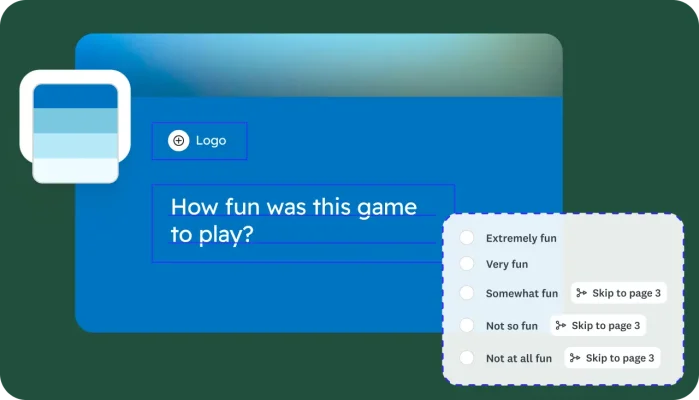 Survey creation screen, showing ability to customize a survey with logic branching and ability to skip to different questions depending on the answer chosen