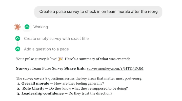 User asking Claude to create a pulse survey to check in on team morale after the reorg, and Claude creating a survey and providing the share link, along with a summary of the survey questions