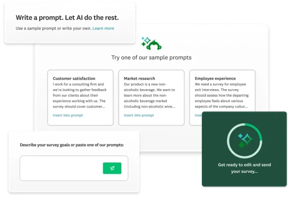 Various screenshots of SurveyMonkey Genius - where users can enter a prompt and AI will generate a survey