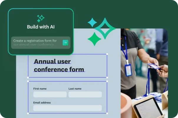A person filling out an annual user conference form with a pop-up showing an AI prompt.