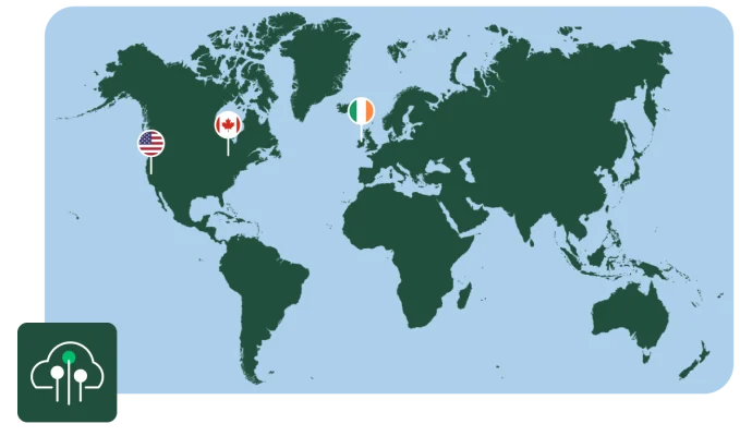 Maailmankartta, johon on merkitty Yhdysvaltojen länsirannikko, Kanadan itärannikko ja Irlanti