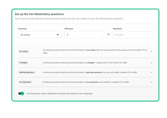 Screenshot of SurveyMonkey price optimization solution setup screen