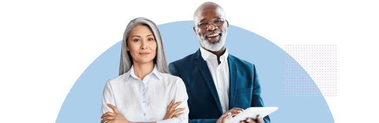 Woman and man in business attire smiling