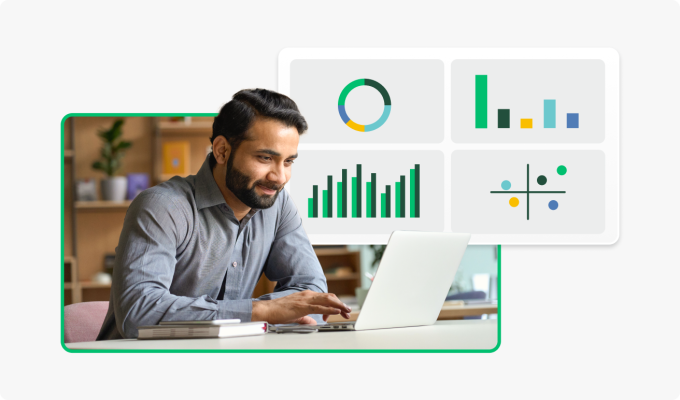 Man browses laptop, with data graphs floating in background