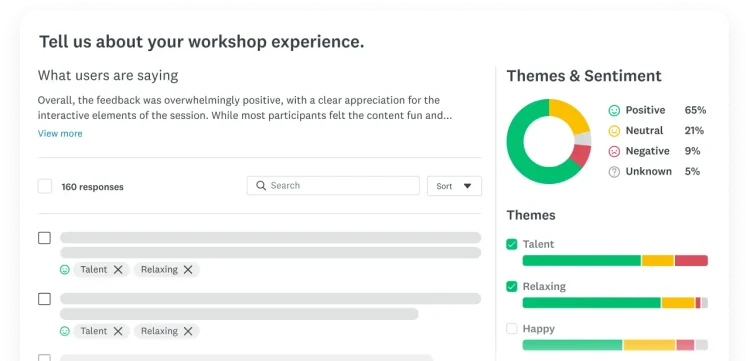 Graphs showing themes and sentiment analysis for a survey