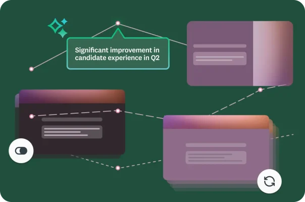 Line graphs connecting surveys, with a callout saying significant improvement in candidate experience in Q2